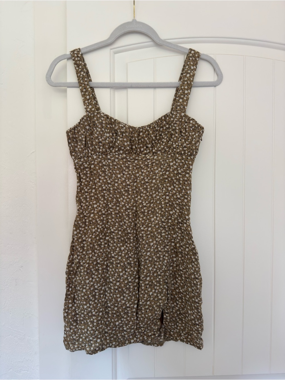 Princess Polly Olive Brown Mini Dress with White Floral Print